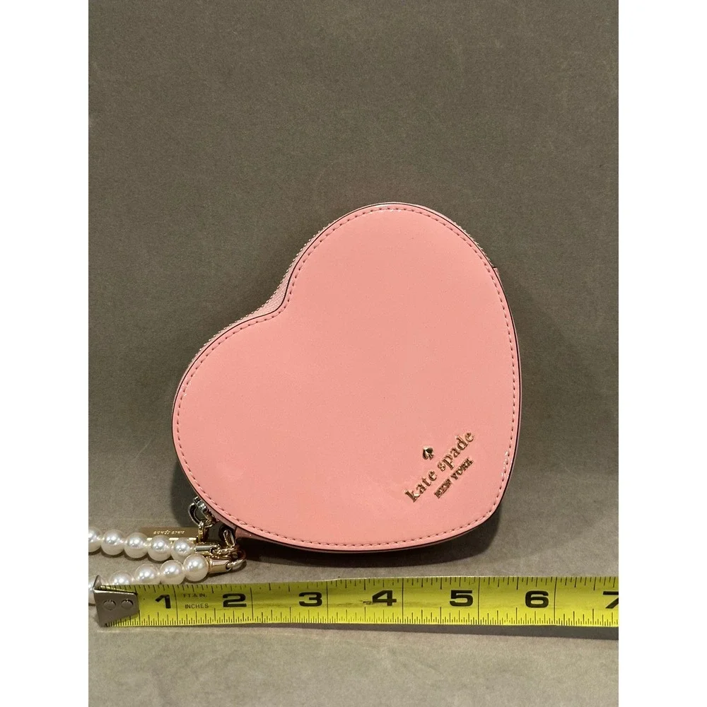 Kate Spade Pink Heart Coin Purse Pearl Wristlet Patent Leather Small Pouch‎